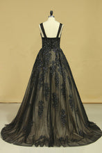 Load image into Gallery viewer, 2024 Black Sexy Bateau A-Line Prom Gown Sweep Train With Beads &amp; Applique