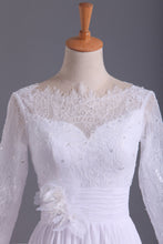 Load image into Gallery viewer, 2024 Bateau 3/4 Length Sleeve A Line Wedding Dresses Chiffon With Applique &amp; Handmade Flower