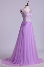 Load image into Gallery viewer, 2024 V Neck A Line/Princess Prom Dress Tulle With Applique &amp; Beads