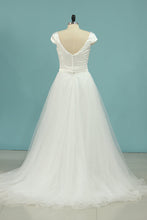 Load image into Gallery viewer, 2024 A Line Bateau Short Sleeves Satin &amp; Tulle With Beads Wedding Dresses