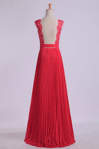 2022  V Neck Prom Dress Appliqued Bodice Ruched Waistband Flowing Chiffon Skirt