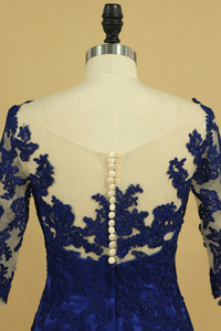 2022 Bateau Dark Royal Blue Mother Of The Bride Dresses 3/4 Length Sleeve With Applique Satin Dark Royal Blue