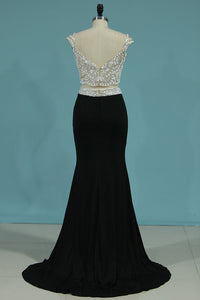 2024 New Arrival Prom Dress Two Pieces Mermaid With Beading Spandex Slit Sweep Train