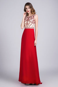 2022 Hot Selling Scoop A Line Full Length Red Prom Dress Beaded Tulle Bodice With Chiffon Skirt