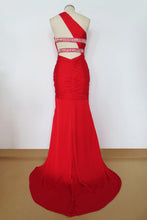 Load image into Gallery viewer, Elegant Prom Dresses 2024 Red Sheath/Column One Shoulder Chiffon Sweep/Brush Train