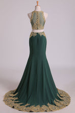 Load image into Gallery viewer, 2024 Dark Green Mermaid Two-Piece Prom Dresses Scoop Sweep/Brush Chiffon With Gold Applique
