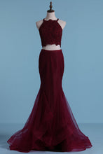 Load image into Gallery viewer, 2024 Prom Dresses Spaghetti Straps Tulle &amp; Lace With Applique Two Pieces Mermaid