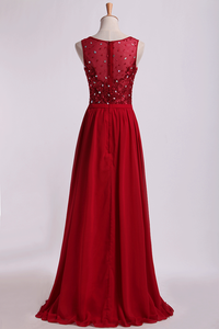 2022 Bateau Prom Dresses A Line Floor Length With Embroidery&Beads Chiffon&Tulle