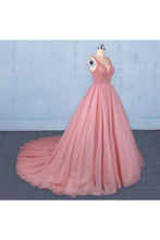 Load image into Gallery viewer, Ball Gown V Neck Tulle Prom Dress With Beads, Puffy Sleeveless Quinceanera Dresses