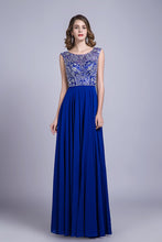 Load image into Gallery viewer, 2022 Prom Dresses A-Line Scoop Floor-Length Dark Royal Blue Chiffon Beaded Bodice