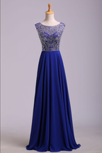 Load image into Gallery viewer, Nest Prom Dresses A-Line Scoop Floor-Length Chiffon Dark Royal Blue Beaded Bodice V-Back