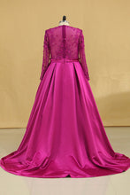 Load image into Gallery viewer, 2024 Hot Plus Size Prom Dresses Scoop A Line Satin Long Sleeves With Pocket
