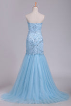 Load image into Gallery viewer, 2022 Sweetheart Mermaid Prom Dresses Beaded Bodice Tulle Sweep Train