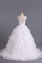 Load image into Gallery viewer, 2022 Hot Wedding Dresses V-Neck A Line Organza With Beading And Sash