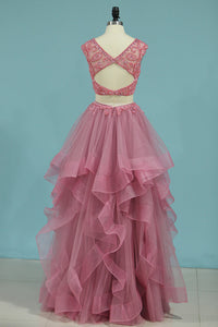 2024 Two-Piece Bateau Tulle With Beading A Line Prom Dresses