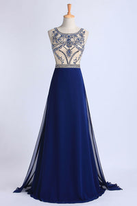 2022 Hot Selling Scoop A Line Full Length Prom Dress Beaded Tulle Bodice With Chiffon Skirt Ready To Ship