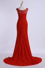 Load image into Gallery viewer, 2024 Prom Dresses Off The Shoulder Pleated Bodice Sheath/Column Beaded Court Train