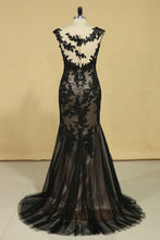 Load image into Gallery viewer, 2022 Black Mermaid Bateau With Applique Tulle Dark Navy Sweep Train Evening Dresses