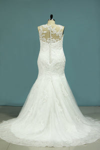 2024 Mermaid Wedding Dresses Tulle Scoop With Applique Covered Button