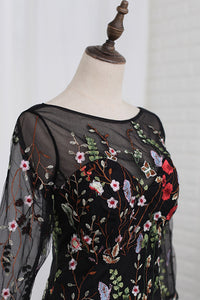 2024 Black Lace With Embroidery Mermaid Bateau Sweep/Brush Zipper Back 3/4 Sleeves