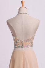 Load image into Gallery viewer, 2022 Sexy Prom Dresses Halter Two Pieces A Line With Flowing Chiffon Skirt Beaded
