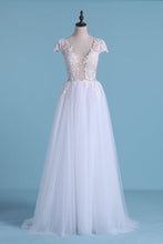 Load image into Gallery viewer, 2024 Sexy Beach Wedding Dresses A-Line V-Neck Floor-Length Tulle With Slit