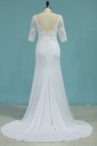 2024 Scoop 3/4 Length Sleeves Wedding Dresses Mermaid Chiffon With Applique
