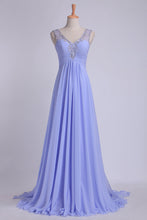 Load image into Gallery viewer, 2022 V Neckline And Deep V Back Chiffon Long A Line Prom Dress With Beaded Tulle Straps