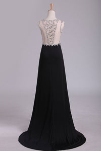 2022 Black Scoop Prom Dresses Sheath With Beading And Slit Spandex