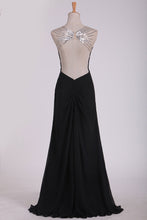 Load image into Gallery viewer, 2022 Sexy Open Back Prom Dresses Straps Sheath Chiffon With Beads And Ruffles