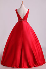 Load image into Gallery viewer, 2024 Hot Red Satin Prom Dresses Straps Floor Length Beaded Bodice A Line