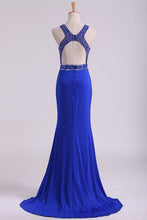 Load image into Gallery viewer, 2022 Open Back Prom Dresses Scoop Spandex With Beading And Slit Sweep Train
