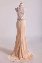 Load image into Gallery viewer, 2024 High Neck Prom Dresses Sheath Lace &amp; Spandex Sweep Train