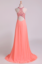 Load image into Gallery viewer, 2022 Halter Prom Dresses A Line Chiffon &amp; Tulle Sweep Train With Beading