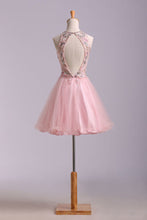 Load image into Gallery viewer, 2024 Stunning A Line Short/Mini Prom Dress Tulle With Beaded Lace Bodice Open Back Pink
