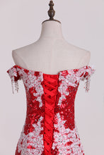 Load image into Gallery viewer, 2024 Prom Dresses Sweep Train Mermaid Off-The-Shoulder Sequins Lace Red