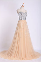 Load image into Gallery viewer, 2022 Sweetheart A Line Sweep Train Prom Dresses Tulle With Beads