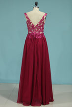 Load image into Gallery viewer, 2024 Prom Dresses V Neck 30D Chiffon With Applique Sweep Train A Line
