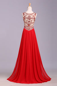 2022 Hot Selling Scoop A Line Full Length Prom Dress Beaded Tulle Bodice With Chiffon Skirt Ready To Ship