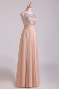 2022 Scoop Prom Dresses A Line Tulle With Beading Floor Length