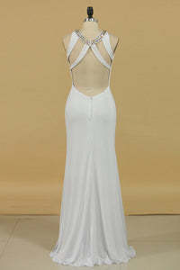 2022 New Arrival Scoop Open Back Prom Dresses With Beads And Slit Spandex Sheath