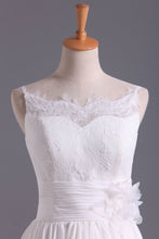 Load image into Gallery viewer, 2024 Spaghetti Straps With Applique &amp; Handmade Flowers Chiffon A Line Wedding Dresses