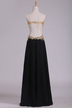 Load image into Gallery viewer, 2022 Sweetheart Prom Dresses A Line Chiffon With Gold Applique Sweep Train