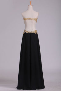 2022 Sweetheart Prom Dresses A Line Chiffon With Gold Applique Sweep Train
