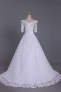 2022 Mid-Length Sleeves Boat Neck Wedding Dresses A Line Tulle With Applique And Beads