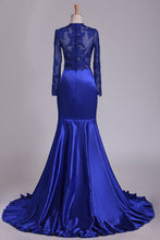Load image into Gallery viewer, 2024 Long Sleeve Evening Dresses Mermaid/Trumpet Elastic Satin With Applique Dark Royal Blue