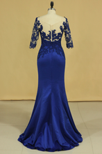 Load image into Gallery viewer, 2022 Bateau Dark Royal Blue Mother Of The Bride Dresses 3/4 Length Sleeve With Applique Satin Dark Royal Blue