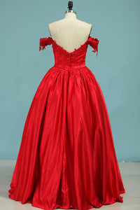 2024 Ball Gown Off-The-Shoulder Satin With Applique Color Red Zipper Back