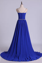Load image into Gallery viewer, 2022 Scoop Prom Dresses A Line Pleated Bodice Chiffon With Beads Dark Royal Blue