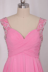 2024 Sexy Open Back Straps A Line With Beads And Ruffles Chiffon Prom Dresses